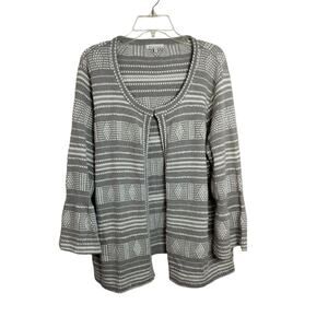 4362)Skies Are Blue Open Front Gray White Textured Bell Sleeves Cardigan Plus 2X